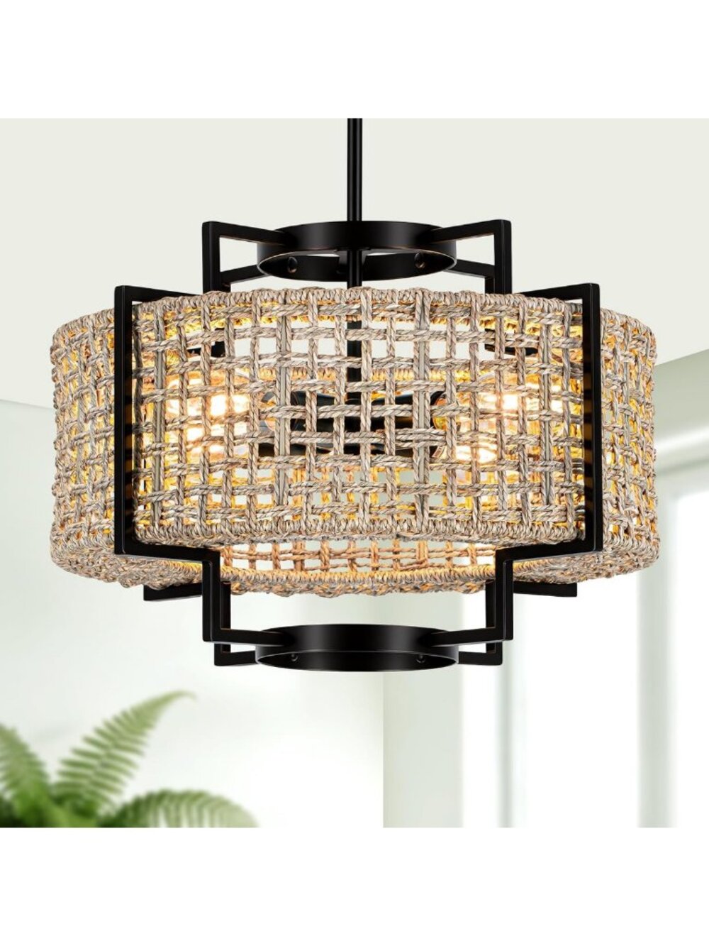 18" Boho Rattan Chandelier - 4-Light Pendant for Dining Room & Living Space
